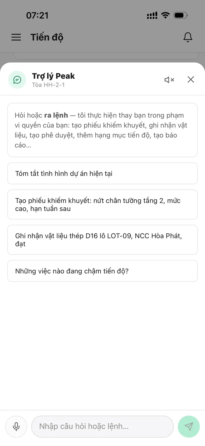 Trợ lý trong ứng dụng PEAK gợi ý các lệnh dự án như tạo phiếu khiếm khuyết