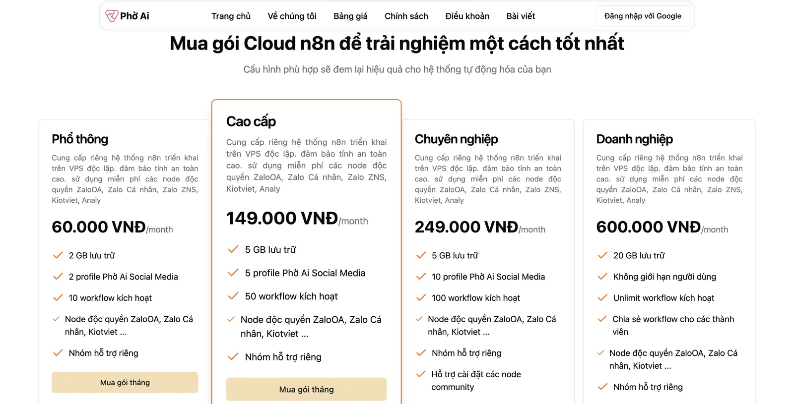Trang web Phở AI hiển thị bốn gói thuê bao Cloud n8n đặt cạnh nhau, mỗi gói nêu dung lượng lưu trữ, số profile và số workflow