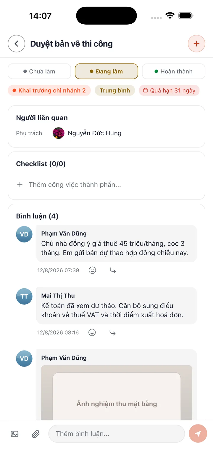 Màn hình phê duyệt Bogo Work với checklist và lịch sử bình luận