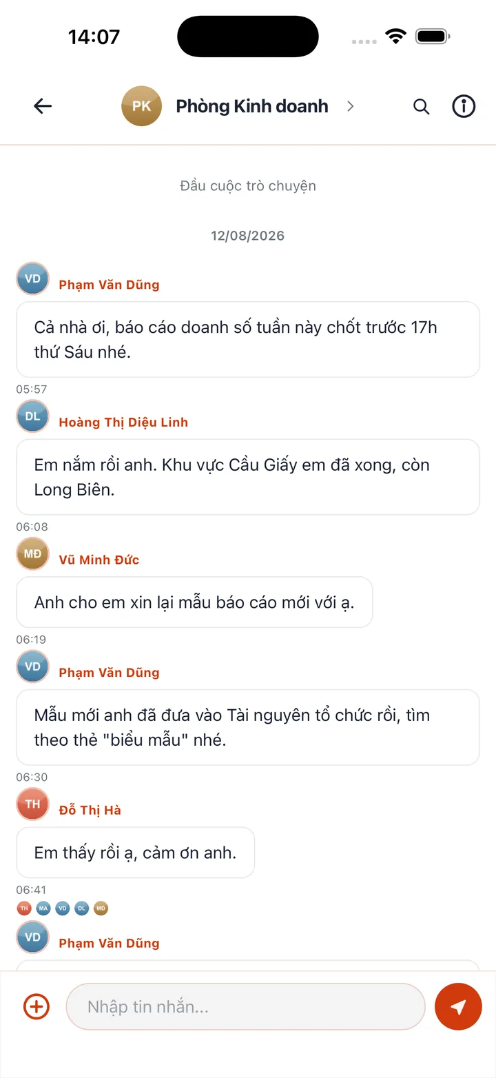 Luồng hội thoại của một phòng ban trong Bogo Work kèm tin nhắn theo ngày
