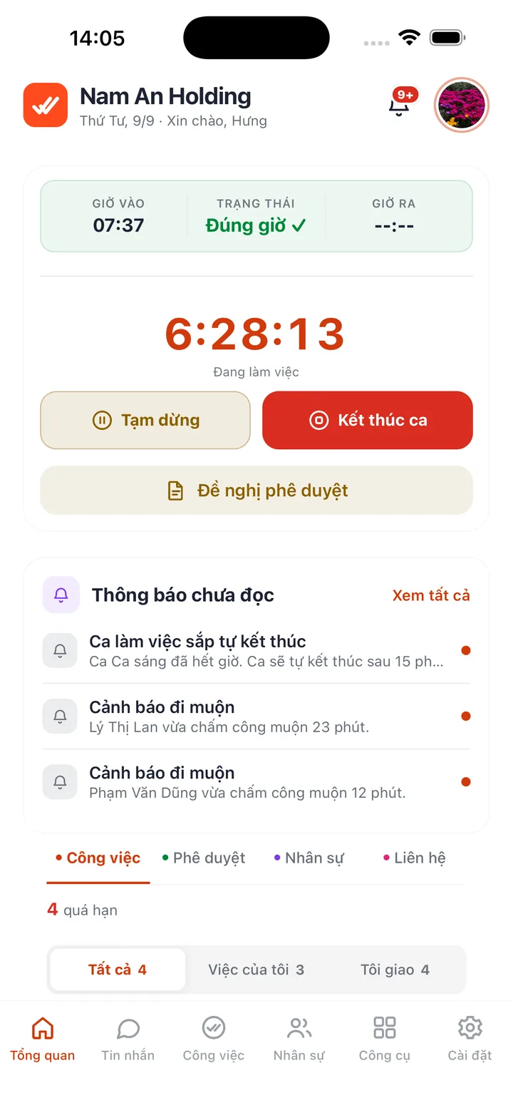 Màn hình tổng quan Bogo Work với đồng hồ ca làm đang chạy, thông báo chưa đọc và công việc quá hạn