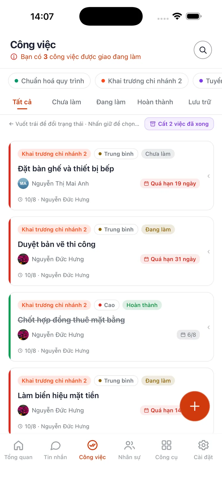 Danh sách công việc Bogo Work theo dự án kèm trạng thái, mức ưu tiên và dấu quá hạn