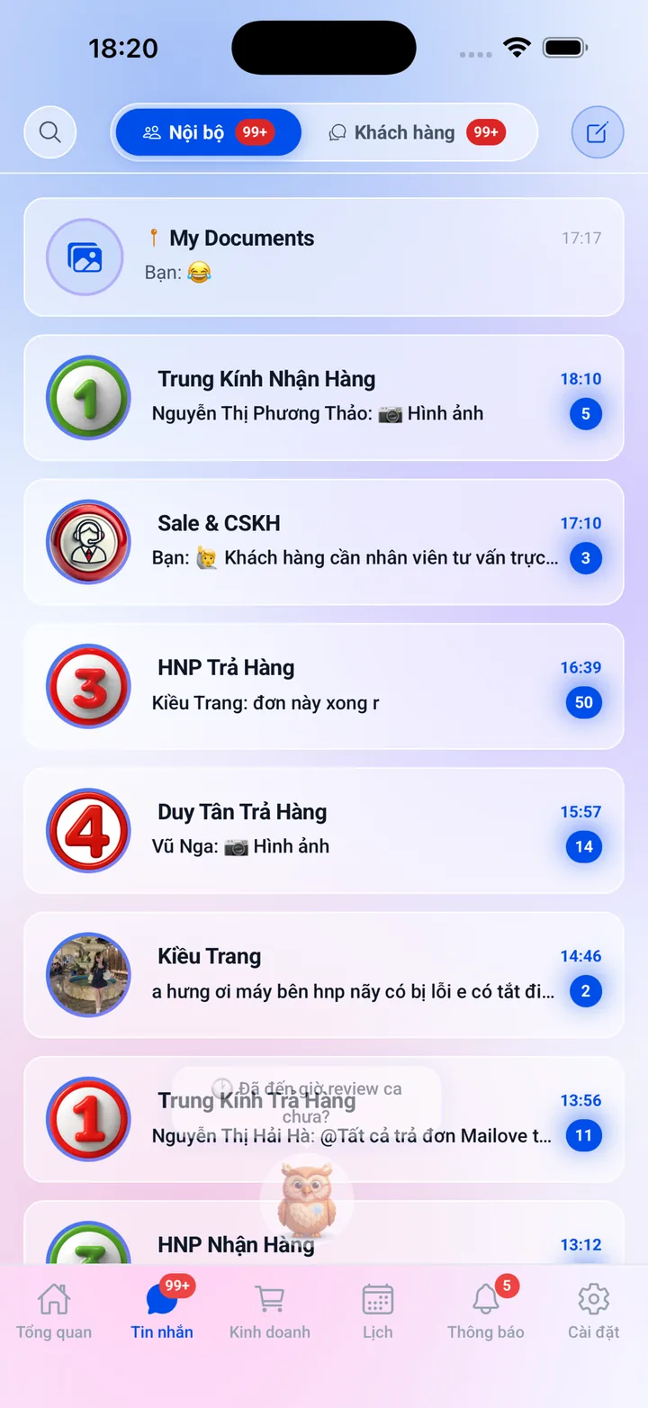 Màn hình tin nhắn Cleanmatic liệt kê hội thoại nội bộ và với khách hàng