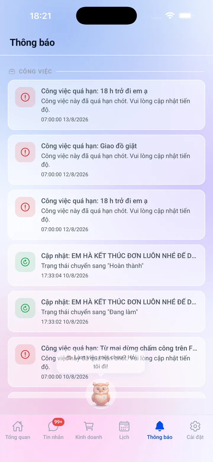 Thông báo vận hành Cleanmatic liệt kê công việc quá hạn và thay đổi trạng thái