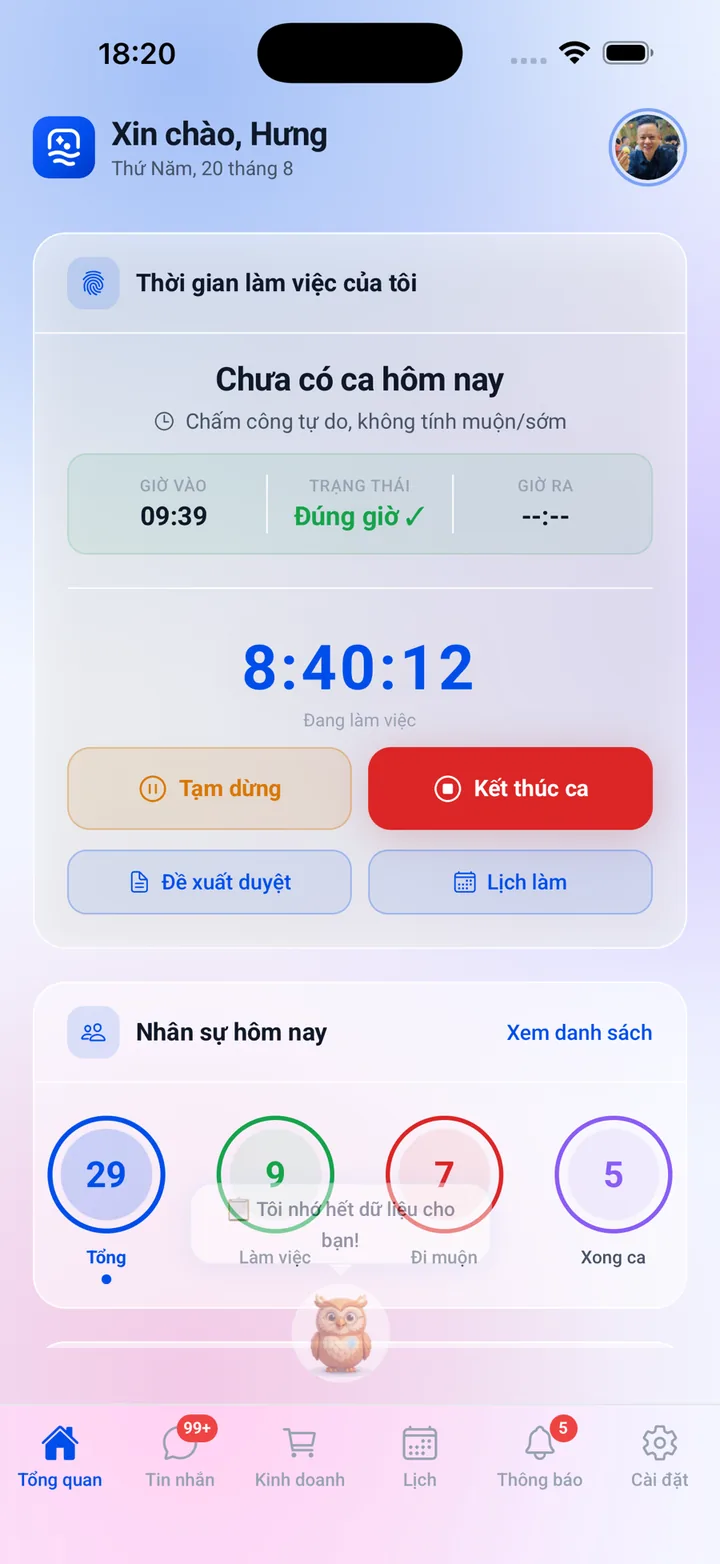 Màn hình tổng quan Cleanmatic với đồng hồ ca làm đang chạy và số nhân sự theo trạng thái